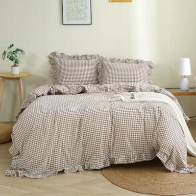 Silnuo Taupe/White Plaid Gingham Ruffle Duvet Cover Set Queen Size