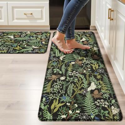 2 PCS Botanical Kitchen Rugs Set, Black Green, 17.3x28 + 17.3x47