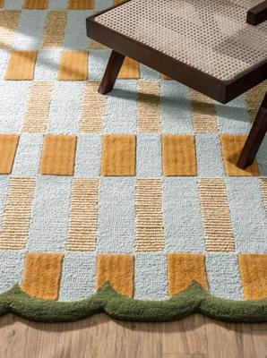 Hand Tufted Checkered 100% Wool Area Rug with Scalloped Edges - 3 x 5 Ft