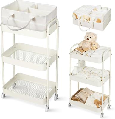 Fortella Nappy Caddy Organizer, 3-Tier Storage Rolling Trolley & Bag, Beige | Bedroom Storage Baby Essentials for Newborn Nursery Changing Table, Port