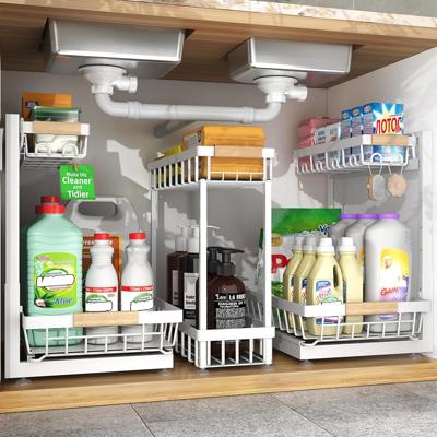 Amazon.com: Sevenblue 3-Pack 2-Tier Height Adjustable Under Sink Organizer, White | Multi-purpose metal storage shelf with sliding shelves for kitchen