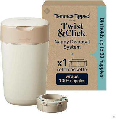 Tommee Tippee Twist & Click Nappy Bin, with 1x 10.5m Refill Cassette, Cream | Exclusive Pack | Guaranteed Odour & Germ Protection | Large Capacity | B