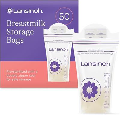 Lansinoh Breast Milk Storage Bags - Pre-Sterilised, Leakproof - 50 Pack | Fridge & Freezer Breastmilk Pouches - Pump into bag with Lansinoh Breast Pum