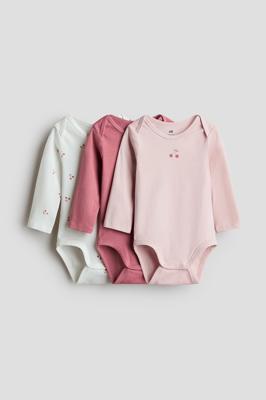 Pink/Cherries 3-pack envelope-neck cotton bodysuits for kids | H&M GB