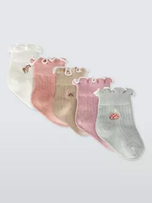 John Lewis Baby Organic Cotton Rich Embroidered Unicorn Ankle Socks, Pack of 5, Multi