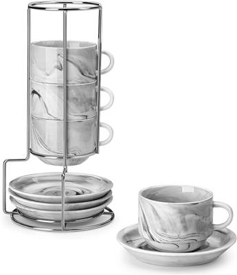 Amazon.com | MALACASA 2.5 OZ Porcelain Espresso Cups with Saucers and Metal Stand Set of 4, Stackable Cappuccino Cups, Marble Gray Expresso Shots Cup
