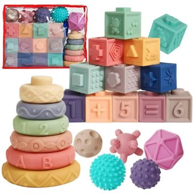 OBAB Montessori Sensory Toys for Babies 6-12 Months, Soft Stacking Rings & Textured Building Blocks Set with Sensory Balls, Educational Learning Toy f