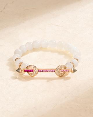 18k Rose Gold, Pink Tourmaline Ombre Gemstone Bar with Diamond, Crystal Quartz & Rainbow moonstone, Chakra Bead Wristwear | Ananya Fine Jewellery