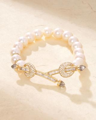 18k Yellow Gold, Diamond Baguette Double Bar with Crystal Quartz & Pearls, Chakra Bead Wristwear | Ananya Fine Jewellery