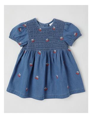 Sprout Strawberry Shirred Denim Dress in Dusty Blue | MYER