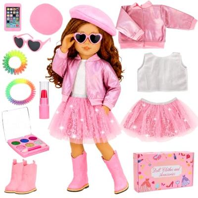 11 Pcs American 18 Inch Doll Clothes & Makeup Accessories Playset | Include Beret T-Shirt Jacket Skirt Boots Phone Doll Makeup Playset Eye Shadow Lips