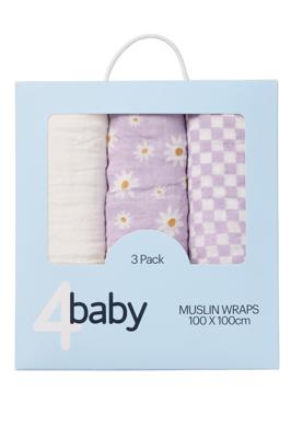 4baby Muslin Wrap 3 Pack Daisy Lilac | Baby Bunting AU