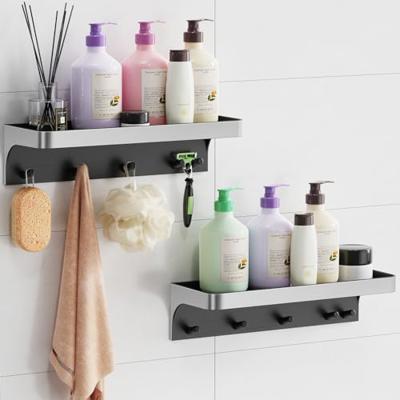 2 Pack Shower Caddy Adhesive with 5 Hooks & Drainage, No-Drill, Silver