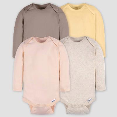 Gerber Baby 4pk Long Sleeve Onesies - Pink/Beige/Yellow 0-3M: Cotton Knit Bodysuits, Infant Apparel, Machine Washable, Crotch Snap Closure : Target