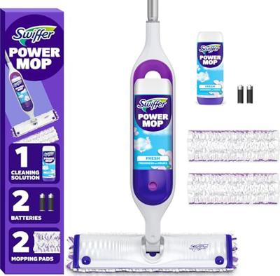 Swiffer PowerMop Mopping Kit for Floor Cleaning, Set Includes 1 Power Mop, 2 Replacement Pads, 1 Liquid Solution Refill, 2 Batteries, No Bucket Needed