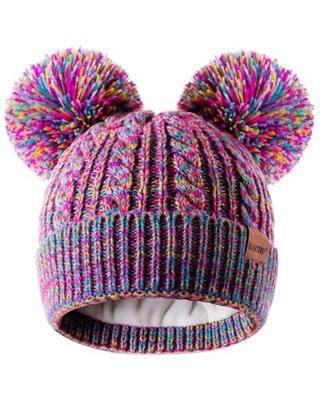 Winter Hat for Kids Toddler Children, Girls Beanie with Double Pom Pom Warm Thick Thermal Fleece Lined, Girls Accessories Cute Knit Beanies Cap for Co