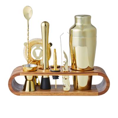 Davis & Waddell Cocktail Set w/ Acacia Stand 10pc Gold