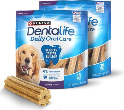 Amazon.com : Dentalife Purina Daily Dental Chews for Large Dogs, 18 ct Pouch | Chewy, ridged texture in a tasty chicken flavor, helps reduce tartar bu