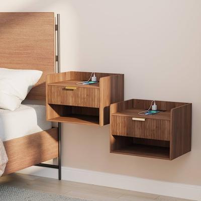 Amazon.com: Arbuxzuy Floating Nightstand Set of 2 with Charging Station and Drawer | Walnut Brown Wall Mounted Bedside Table with Open Shelf, Minimali