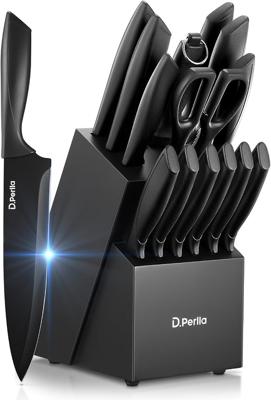 D.Perlla Knife Set for Kitchen with Steak Knives and Sharpener Rod 15 PCS | Stainless Steel Kitchen Utensils Set with Block, Nonstick Coating,Long-Las