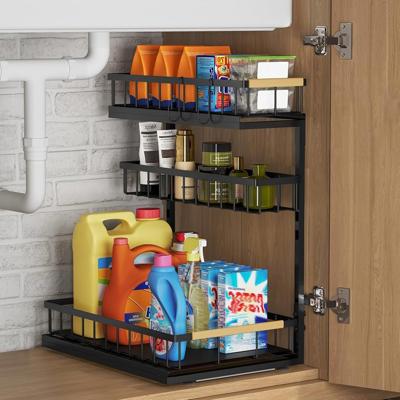 Fantasnight Kitchen Under Sink Storage Organiser Black 3 Tier 1 Pack | Metal Undersink Organisation for Cupboard Pull Out Cabinet Drawers Sliding Clea