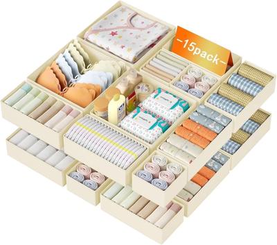 DIMJ 15Pack Clothes Organiser for Wardrobe, Baby Nursery Dividers, Beige | Foldable, Non-Woven Fabric, For Clothes, Underwear, Socks, Bra, Jeans, Make