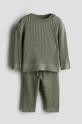 Khaki green 2-Piece Wide-Rib Cotton Set for kids | H&M CA