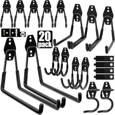Jikro Heavy Duty Garage Hooks Storage, Anti-Slip Steel Wall Mount Multi-Size Utility Hangers Organizer for Ladders, Bikes, Garden Tools, Hose with 32