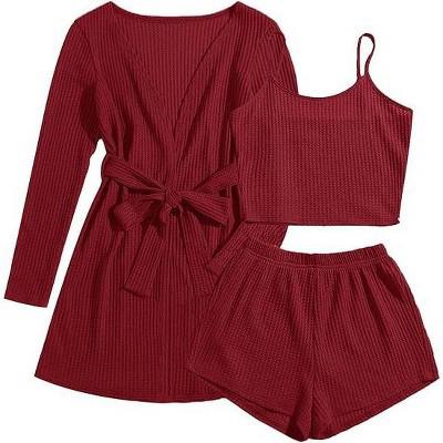Ekouaer Pajamas for Women Set 3 Piece Lounge Set Soft Pajama Sets Waffle Knit Tank Top and Shorts Cardigan with Pockets Burgundy M : Target