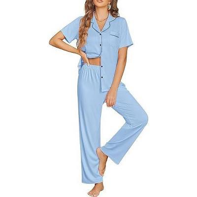 Ekouaer Womens Pajama Sets Button Down Pjs 2 Piece Short Sleeve Sleepwear with Pants Soft Loungewear Clear Blue M : Target