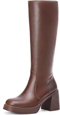 Choiran Knee High Boots for Women - Platform Chunky Square Toe Tall Boots with Block Heeled Side Zipper, Fashion Long Gogo Boots for Spri