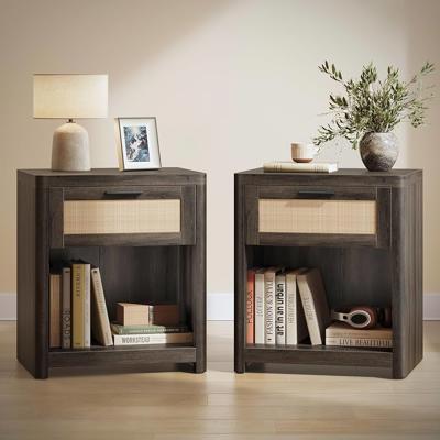 Amazon.com: VASAGLE Set of 2 Boho Nightstands with Rattan-Look Drawer | Accent Side End Tables, Open Compartment, Rounded Corners, for Bedroom Bedside