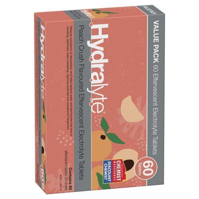Buy Hydralyte Electrolyte Effervescent Peach Crush 60 Tablets Exclusive Size online at Chemist Warehouse
