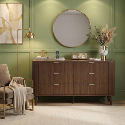 George Oliver 6 Drawer Dresser for Bedroom, Mid Century Modern Dressers, 57 Wide Wood Dresser TV Stand, Curved Profile Design for Closet, Bedroom Livi