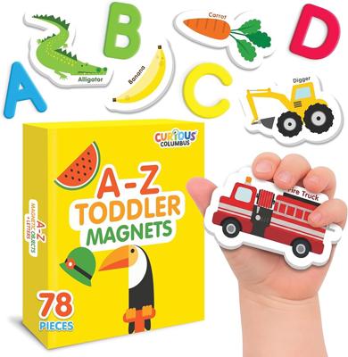 Curious Columbus Magnetic Objects and Letters, Foam Fridge Magnets for Kids | 52 Pictures and 26 Uppercase Alphabet Magnets from A-Z, Educational Toy
