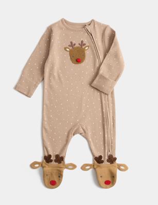 Pure Cotton Christmas Reindeer Sleepsuit (7lbs - 12 Mths) by M&S