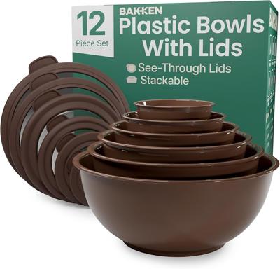 BAKKENMASTER 12 Piece Plastic Nesting Bowls with Lids - Mixing Bowls Set Includes 6 Prep Bowls and 6 Lids, BPA-Free, Reusable Meal Prep Containers, Mi