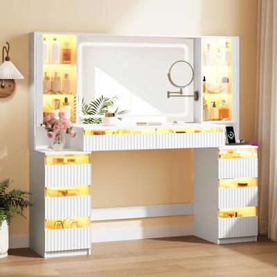 Amazon.com: BOXACTION 59 Makeup Vanity Desk with 360° 3X Mirror & Glass Drawers, White | 8 RGB-Lit Drawers & 2 Cabinets, 3-Color LED Mirror, Charging