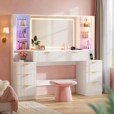 Amazon.com: Big Vanity Desk, Fluted Makeup Vanity with Mirror Lights, Dressing Table | Large, Charging Station, Sound Sync Chasing LED Lights, Wood Va