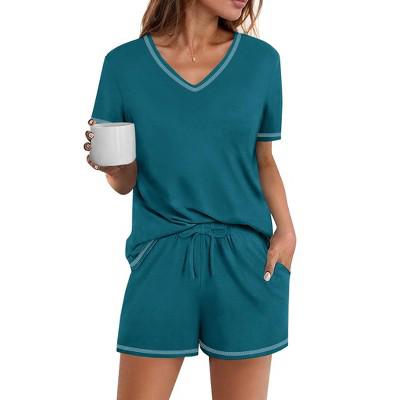 Ekouaer Womens Pajamas Sets Soft 95% Cotton Pjs Short Sleeve Lounge Sets Casual Two Piece Pjs With Pockets Blue Green S : Target