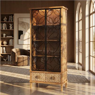 70.8 Solid Wood Bookshelves Lighted Display Cabinet with Tempered Glass Doors with LED Lights, Flor