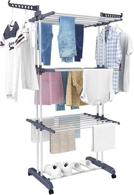 Airer Clothes Drying Rack, 4-Tier Foldable Clothes Hanger, Adjustable, Grey | Large Stainless Steel Clothes Airer, Laundry Drying Rack for Indoor and