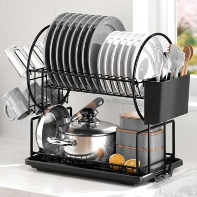 niffgaff 2-Tier Dish Drying Rack for Kitchen Countertop - Stainless Steel Dish Drainer with Drip Tray, Draining Board & Utensil Holder & cup holder fo