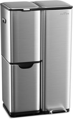 mVm Kitchen Bin,60L Triple Rubbish Bin,3 Compartment Stainless Steel Pedal Bin,Recycling Bin with Soft-Close Lids and Plastic Inner Buckets,Fingerprin