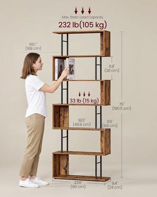 VASAGLE 6-Tier Bookshelf, S-Shaped Bookcase, 60 x 24 x 159 cm | Freestanding Display Shelf, Storage Rack for Living Room, Office, Rustic Brown and Mat