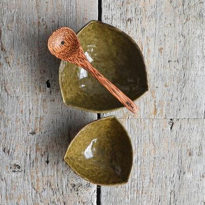 Ceramic Olive Serving Set with Wood Draining Spoon, Green | Nom Living