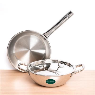 Tri-ply Stainless Steel Cookware Set: Kadai with SS lid 22cm   Frypan
