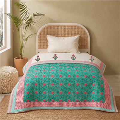AC Comforter for Single Bed in 100% Cotton Mulmul Handprinted in Turquoise and Pink