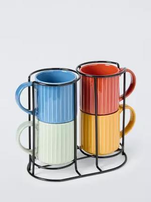 John Lewis Stoneware Mugs with Stand, Set of 4, 330ml, Multi