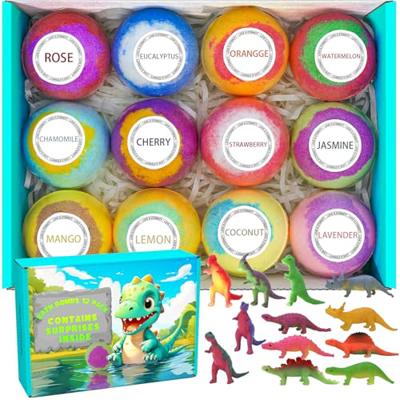 12 pack of bath bombs for kids with surprise toy inside, fun educational toy Dino Fizzy Balls w/Rich Bubbles, organic dinosaur bath bomb gift set, kid